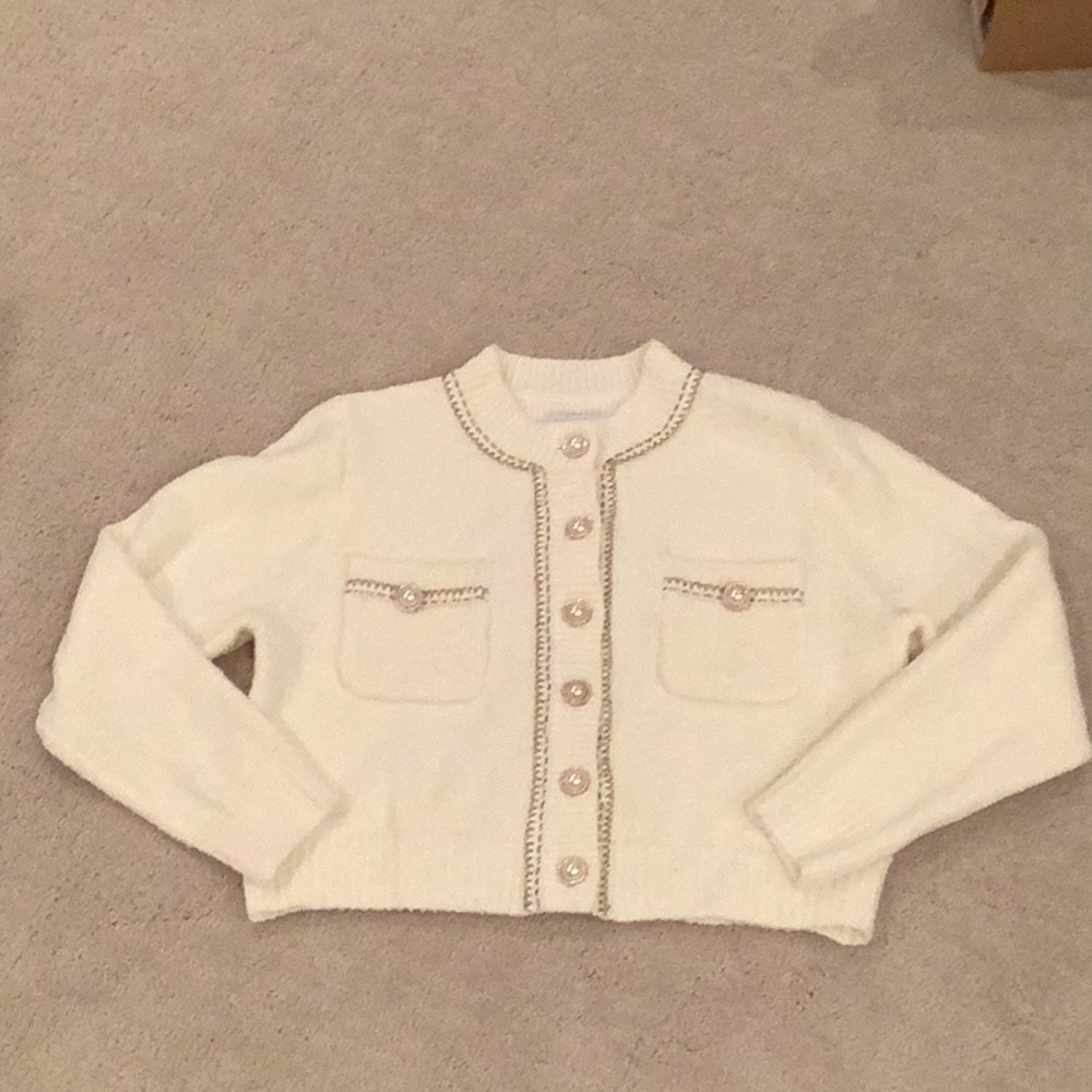 Urban Revivo ladies cream cardigan with gold and pearl embellishments